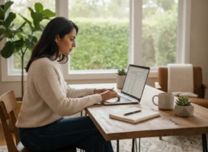 solo business owner running payroll on a laptop in a tidy home office - Payroll for S-Corps