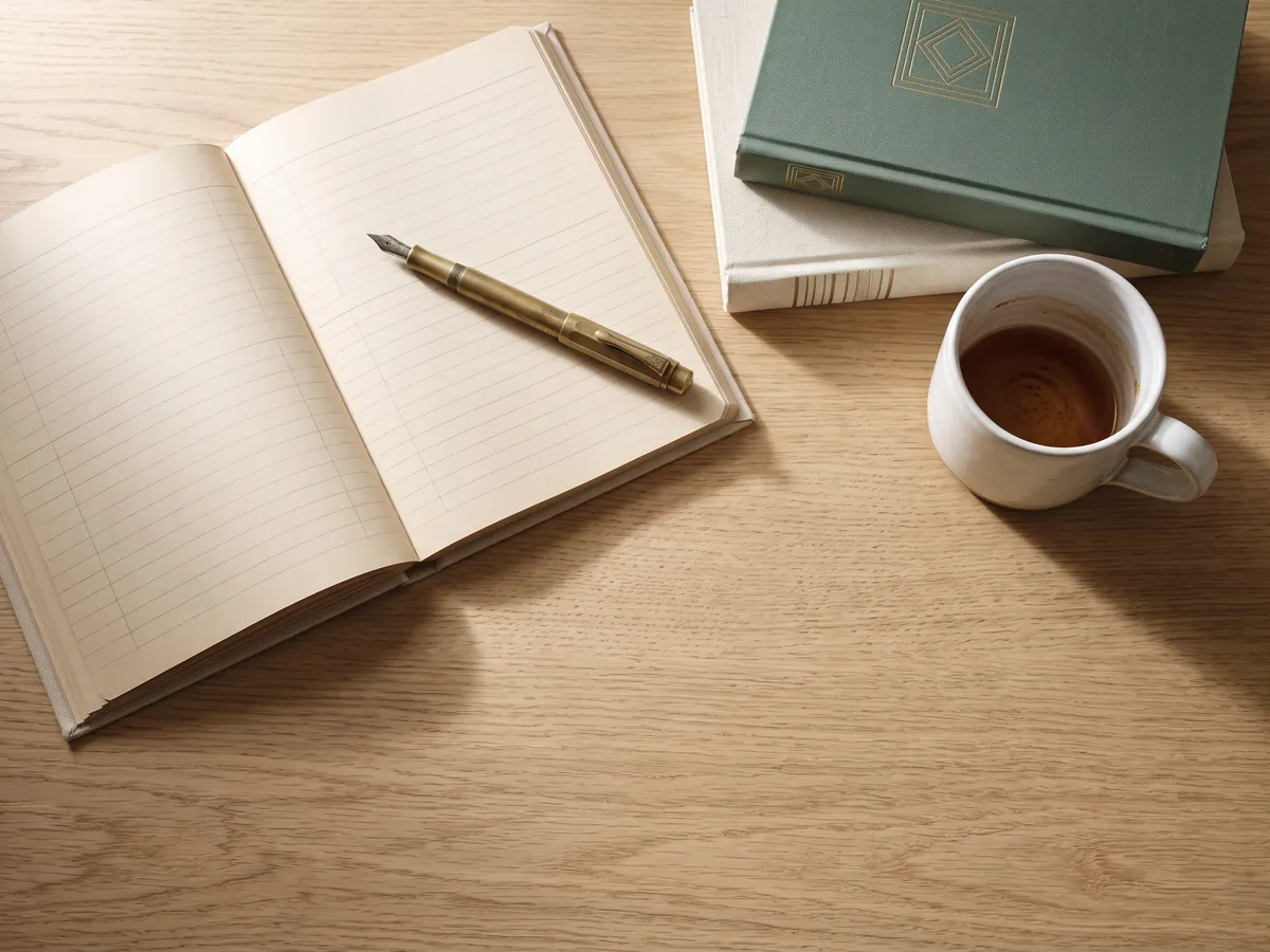 An open notebook, pen and coffee cup on a desk
