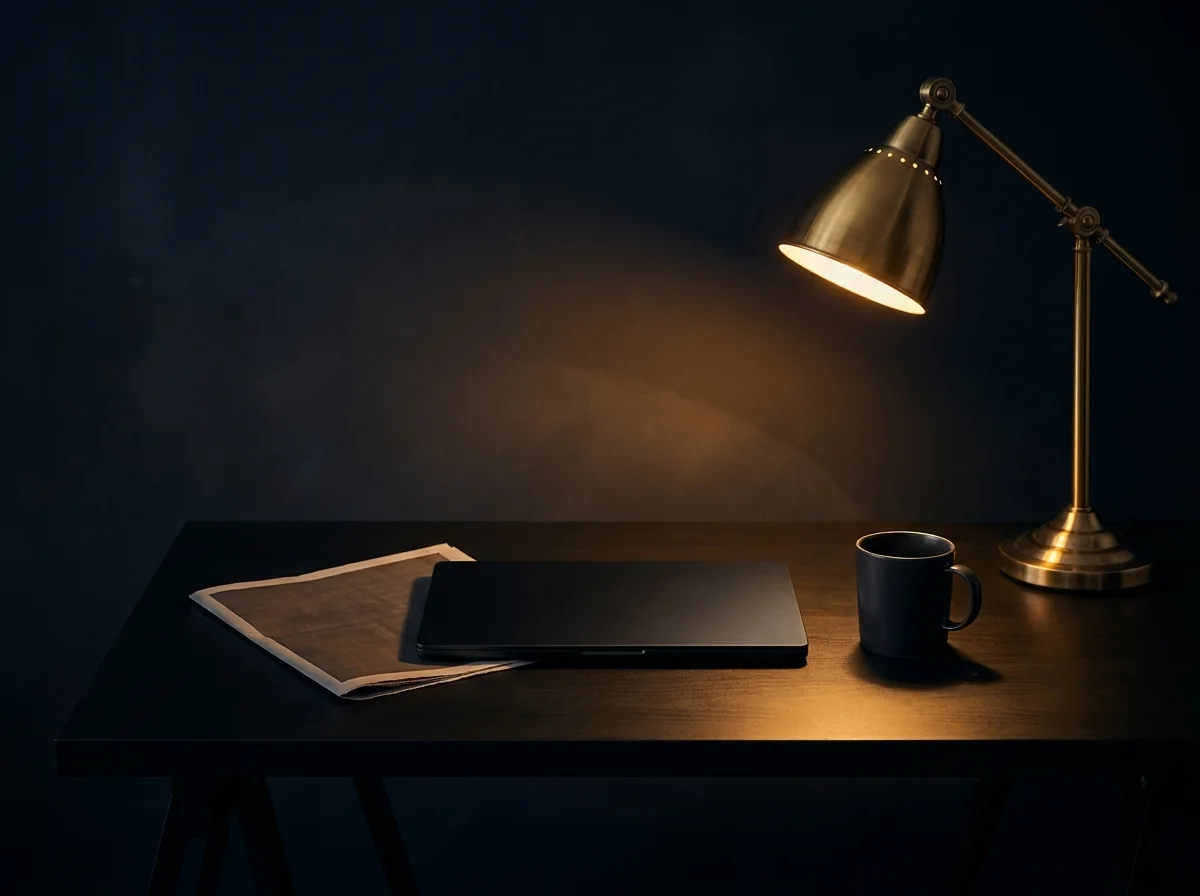 A lit desk at dusk with a closed laptop and notes